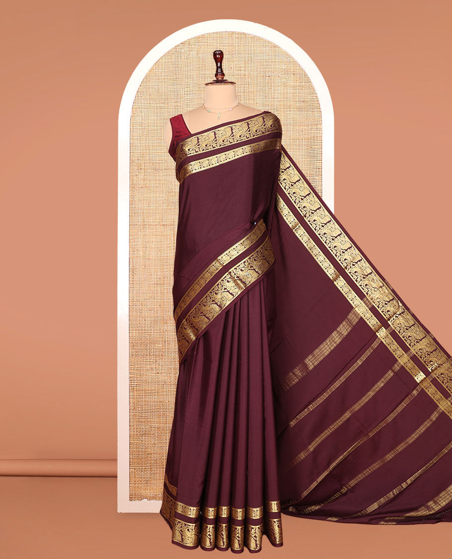 Maroon Plain Mysore Silk Saree, Richly Detailed with Zari Border of Peacock Designs, Sparsely Woven Pallu of Stripes, and Paired with a Matching Blouse