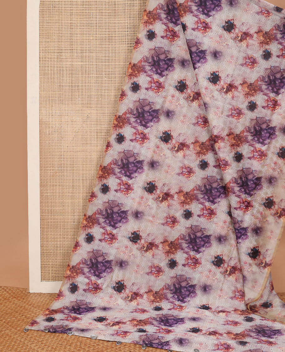 Borderless cream floral design, thread embroidery kamala silk saree with contrast plain blouse