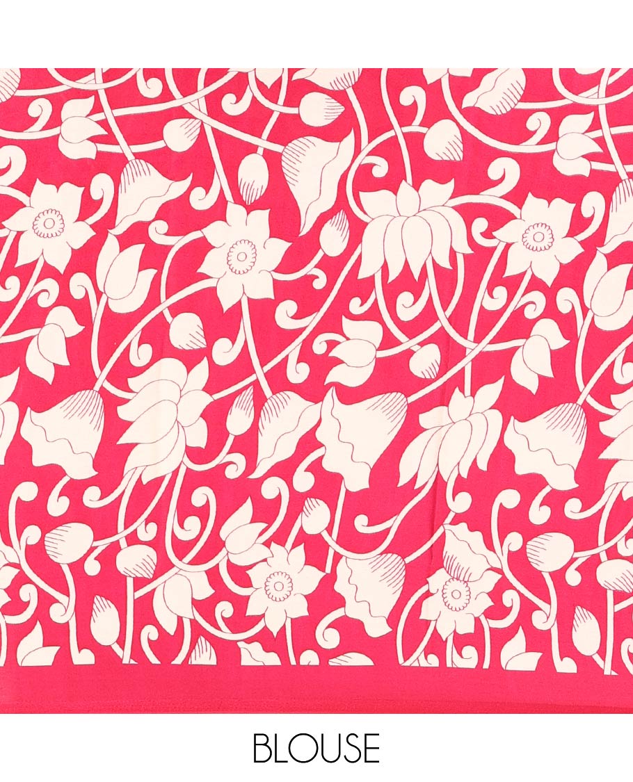 Chikku-rani pink half-and-half plain and kalamkari floral printed satin crepe saree, plain border, pallu of floral vine and peacock printed, and kalamkari floral printed blouse