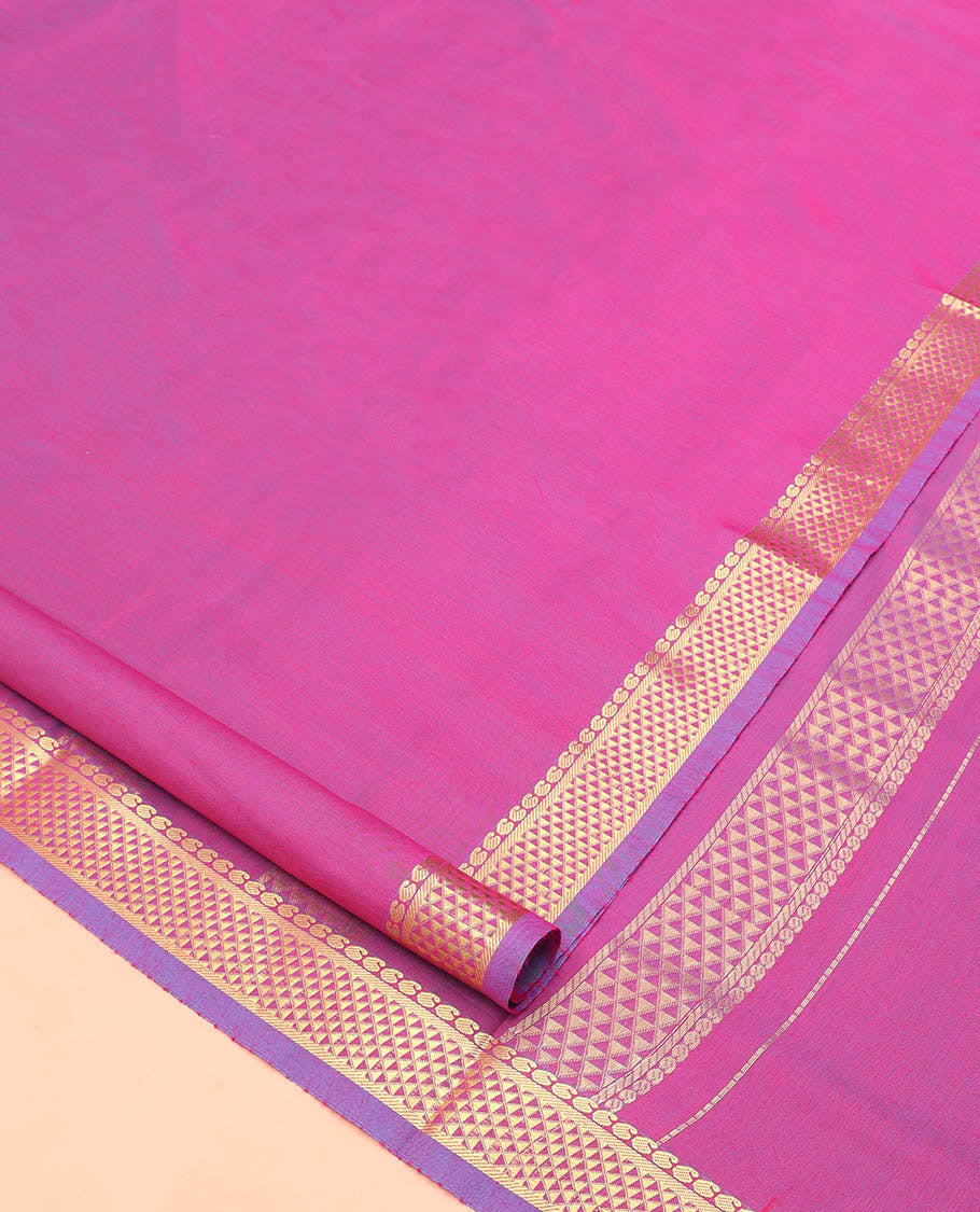 Pink Plain Nine Yard Cotton Saree, Complemented by Contrast Traditional Zari Border of Ara Maadam Designs, Pallu of Ara Maadam Designs, and Comes Without a Blouse