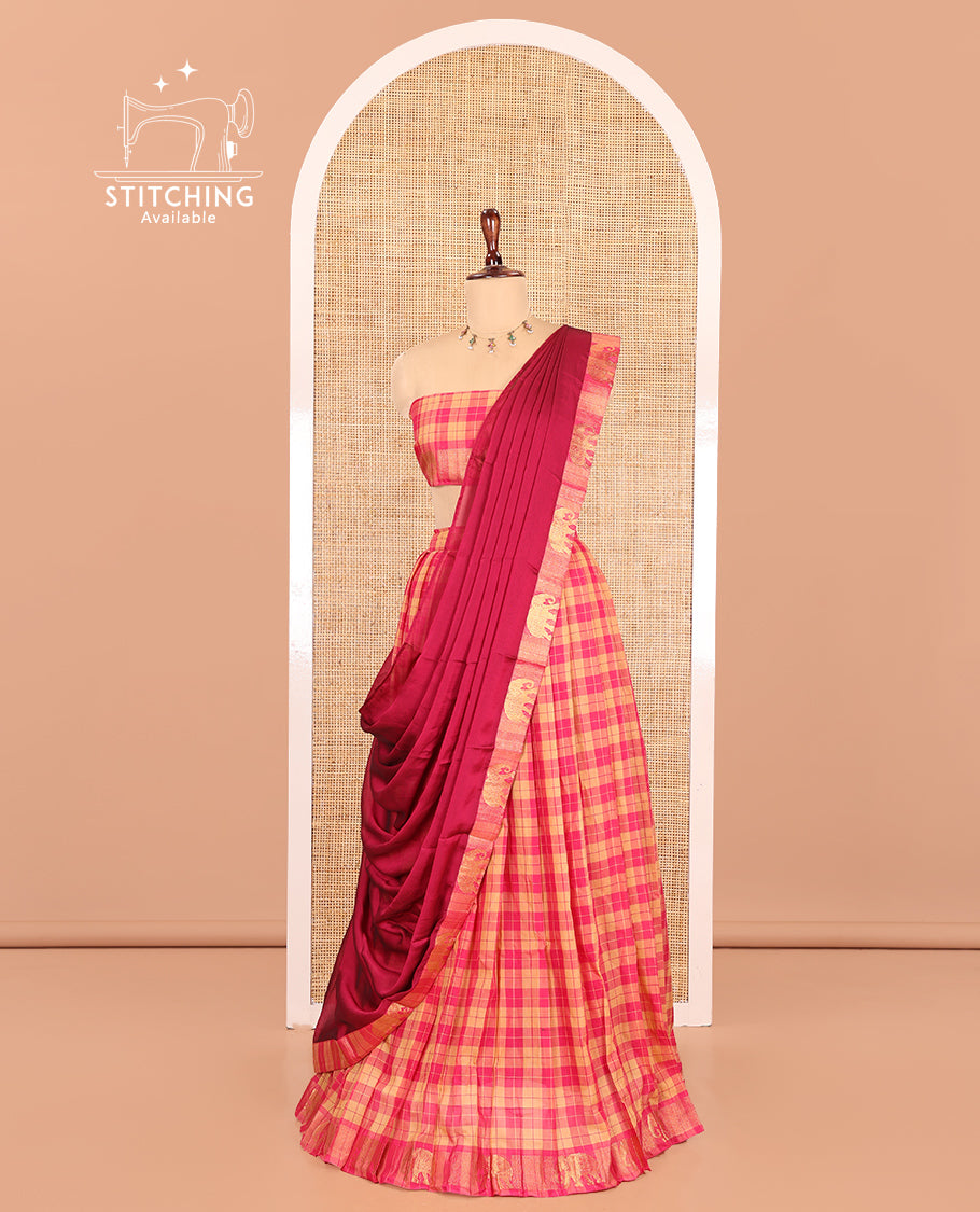 Chikku-Rani Pink Chettinad Cotton Half Saree Features Checked Skirt, a Traditional Zari Border, a Matching Blouse, and a Contrast Dhavani