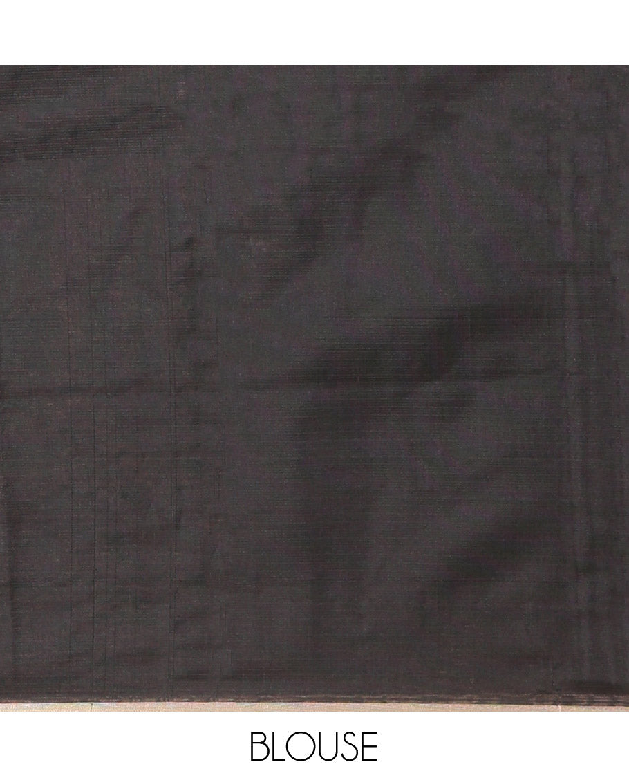 Black Kota Doria Saree Features Flora-Flamingo Hand-Brush Print, a Piping Border, Matching Blouse