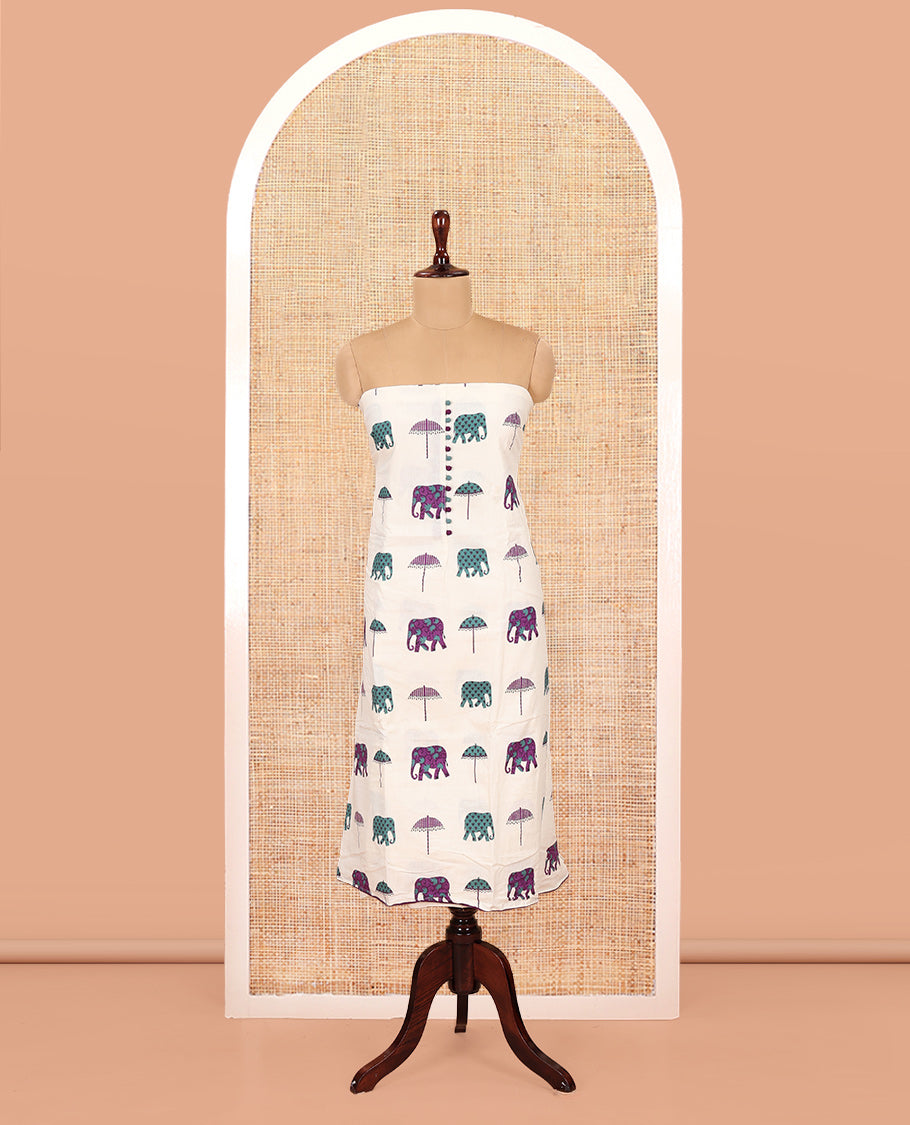 Cream-Purple Material Chudidar Features an Elephant-Umbrella Printed Top, a Contrast Bottom, Contrast Bordered Dupatta