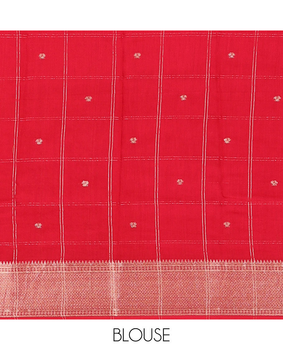 Orange Assam Silk Saree, Highlighted by Zari Butta Enclosed Checked Design, Complemented by Contrast Zari Border of Traditional Designs, Pallu Features Zari Designs, and Paired with a Contrast Blouse