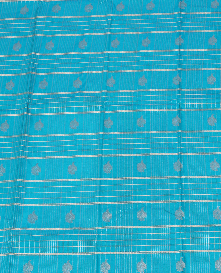 Light Blue Art Silk Pavadai Material Set Featuring a Zari Butta Enclosed Checked Skirt, Complemented by a Contrast Checked Zari Woven Border, and Paired with a Contrast Blouse
