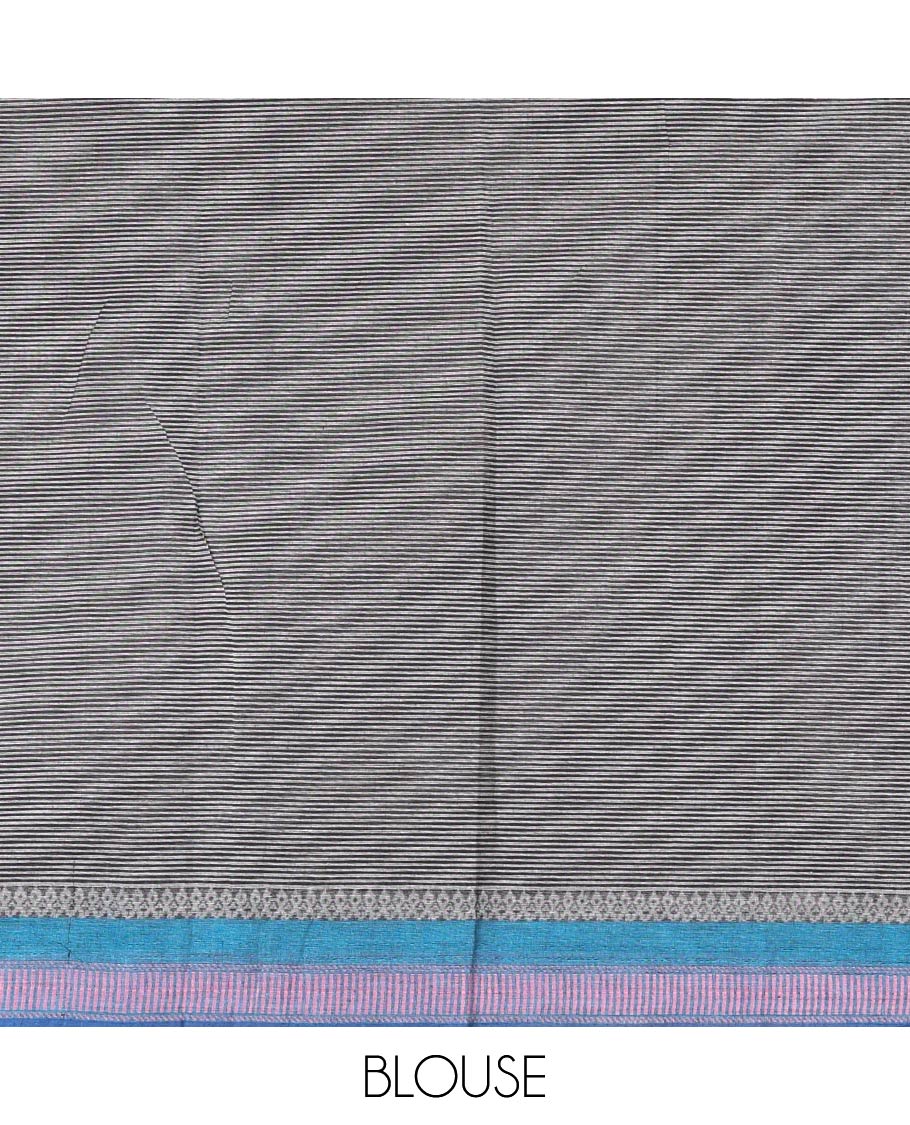 Grey Chettinad Cotton Saree, Sparsely Designed with Stripes on Its Body, Complemented by Contrast Traditional Design Border, Striped Pallu, and Paired with a Matching Blouse