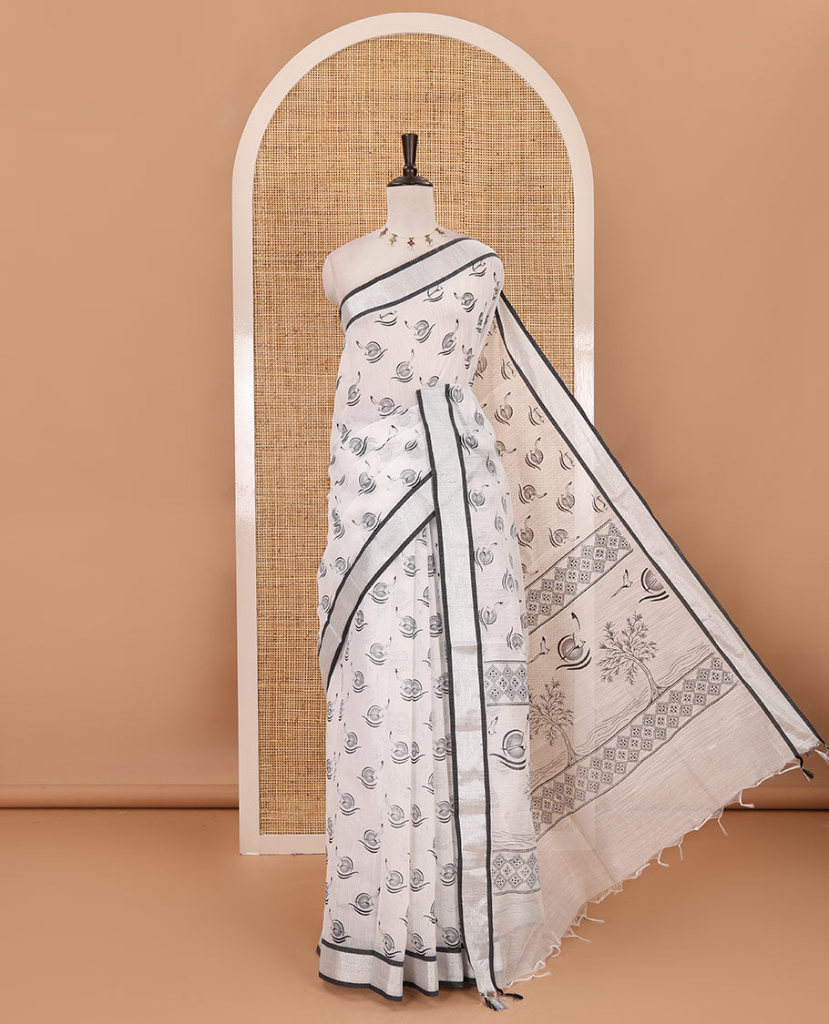 White-black flying bird motifs printed linen saree, silver bavanji border, printed pallu & plain blouse