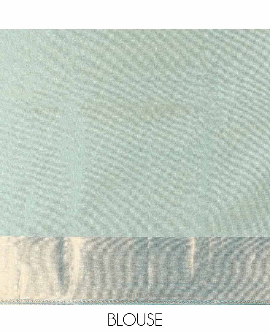 Blue floral jacquard tissue saree with contrast striped border & zari design pallu