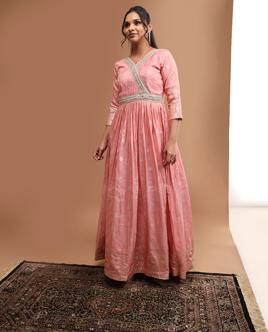 baby pink floral embroidered v neck, 3/4 th sleeve,floor length length top & floral zari design dupatta