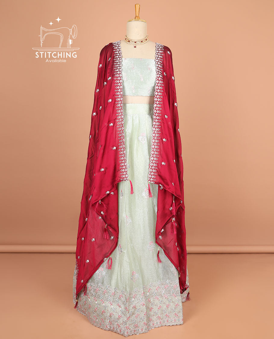 Light green floral motifs thread embroidery half saree with floral embroidery border , floral motifs blouse & floral embroidery scallop border dhavani