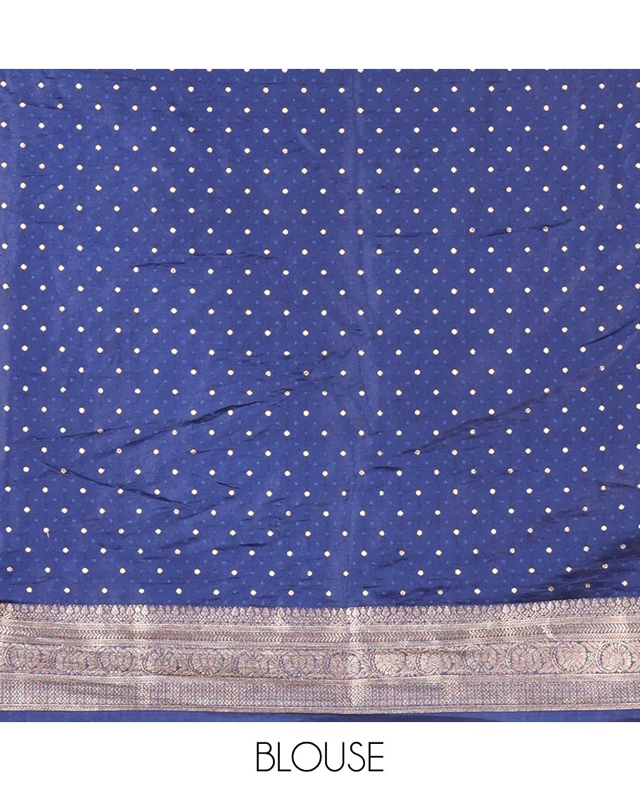 Navy Blue Semi-Banaras Satin Silk Saree, Dazzled with Floral Zari Buttas Across Its Body, Highlighted by Traditional Zari Design Border, Grand Zari Woven Palu of Jaal Designs, and Paired with a Matching Blouse