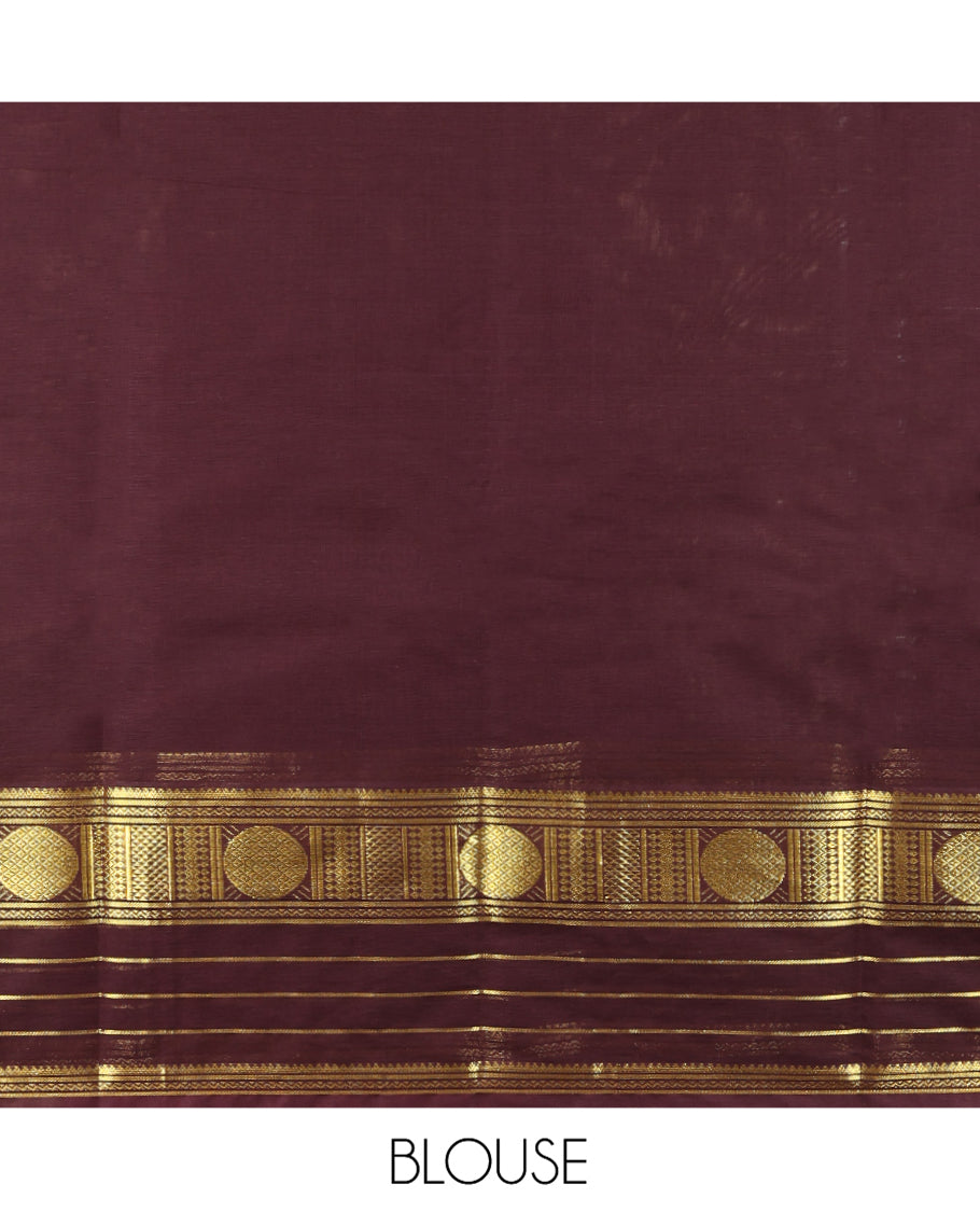 Brown Coimbatore Cotton Saree, Steeped in the Richness of Geometric Design on Its Body, Highlighted by Traditional Zari Border, Striped Pallu, and Paired with a Matching Blouse