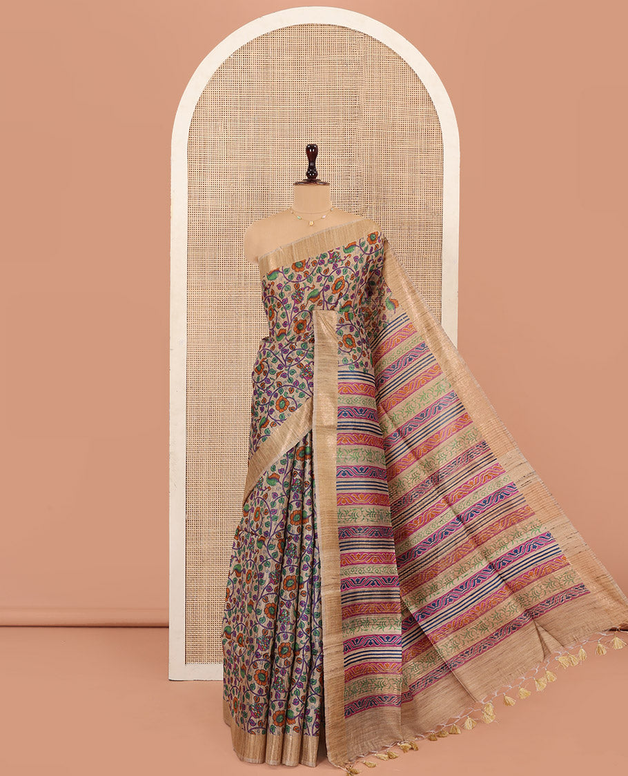 Sandal Tussar Silk Saree Bedecked with Floral Vine Printed All Over Its Body, Pallu Adorned with Geometric Print, and Paired with a Contrast Blouse