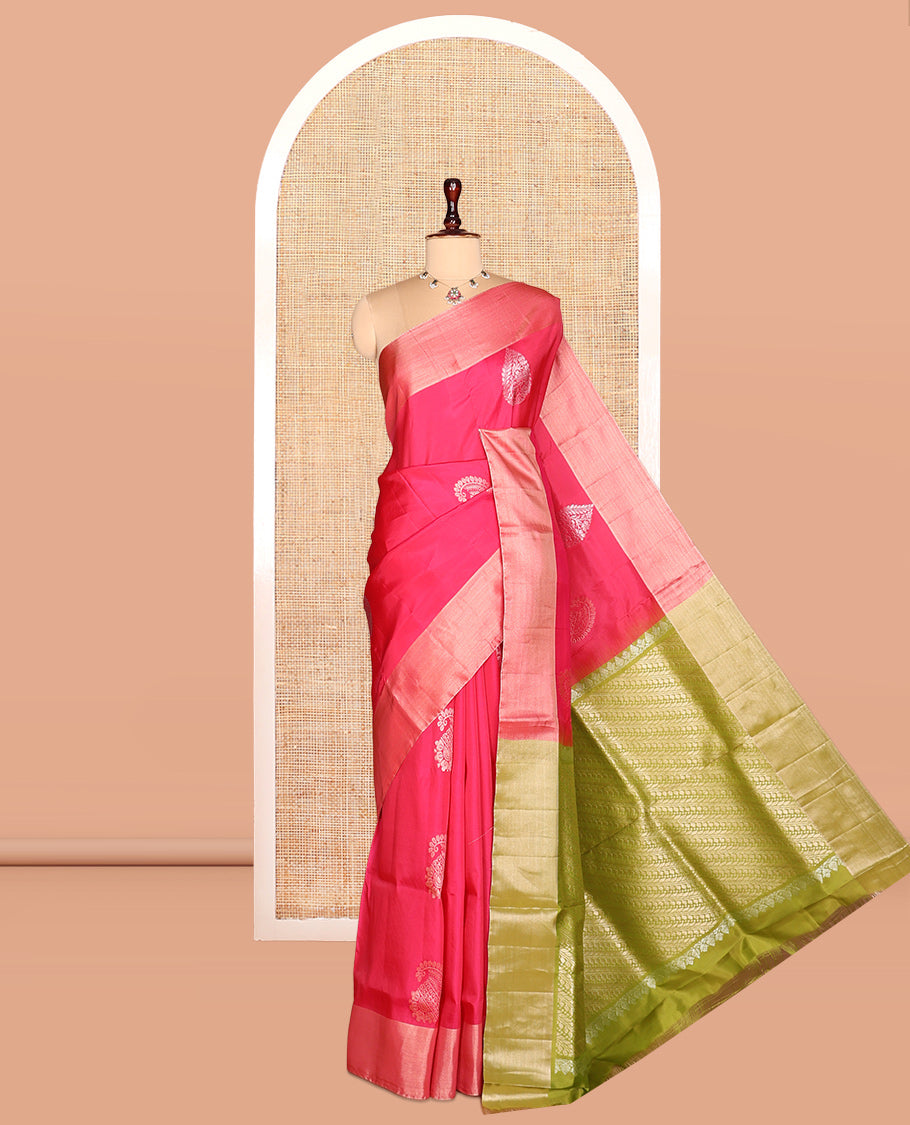 Red Semi Uppada Saree, Gleamed with Zari Buttas, a Bavanji Border, Contrast Diagonal Leaf Vine Pallu, and a Contrast Blouse