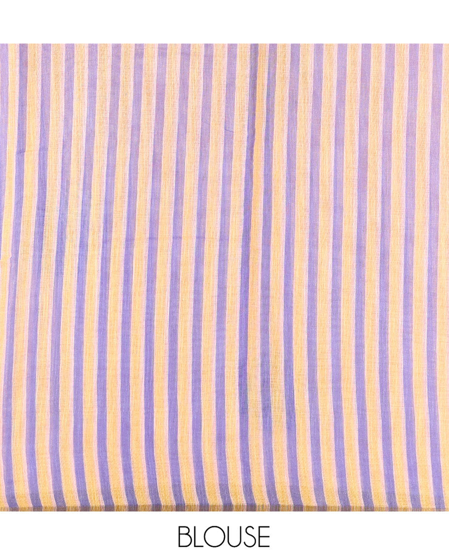 Lavender Linen Cotton Saree, Beautified with Flower Buttas, a Contrast Border, Multi-Color Striped Pallu, and a Contrast Blouse