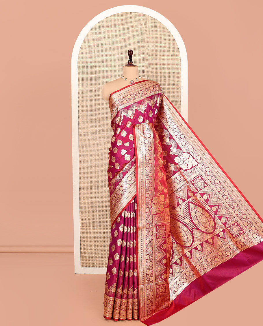 Magenta Banarasi Nylon Saree, Embellished with Zari Buttas, a Traditional Zari Border, Intricate Pallu, and a Matching Blouse
