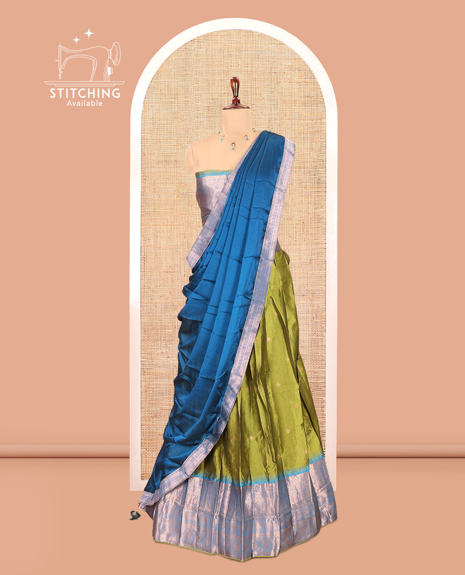 Parrot Green-Firozi Blue Semi-Silk Half-Saree, Zari Buttas Skirt, Contrast Traditional Zari Border, a Matching Blouse, a Contrast Blouse