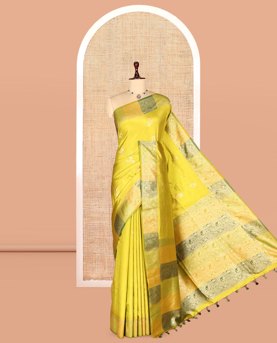 Olive Green Zari Motifs Fancy Raw Silksaree, Contrast Intricate Zari Border, Matching Blouse