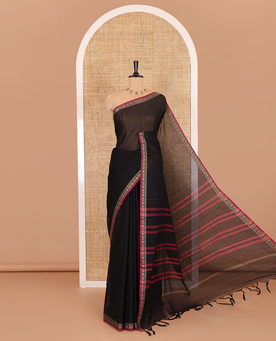 Black plain mercerised cotton saree, contrast temple traditional border, striped pallu, and a matching blouse