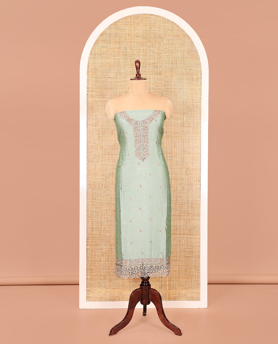 Pista Green Vichitra Silk Material Chudidar, Embroidered and Cut-work Top, Santoon Bottom, and an Embroidered Dupatta