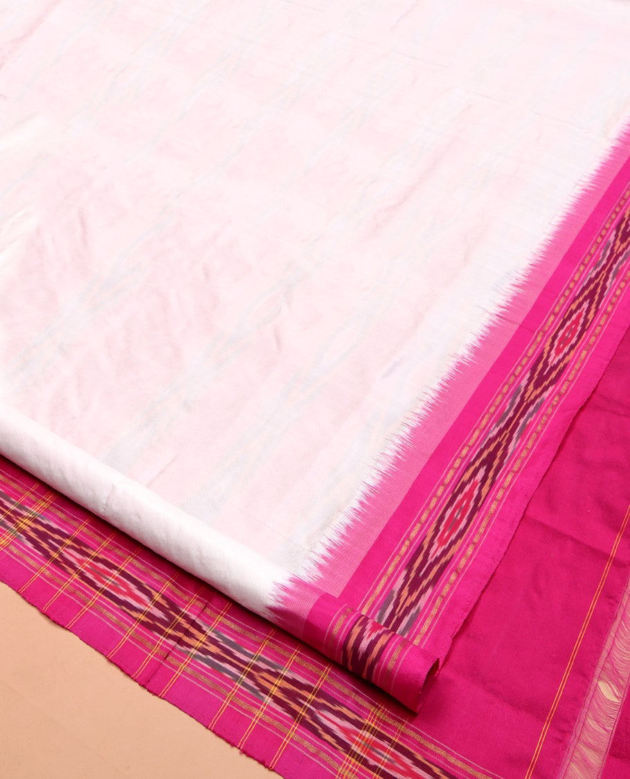 White Plain Pochampally Ikat Silk Saree, Complemented by a Contrast Ikat Textured Border, Ikat Pallu, and No Blouse