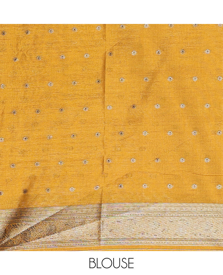 Borderless Pink Kicha Tussar Saree Artfully Woven with Big Zari Floral Motifs All Over Its Body, Complemented by Intricately Zari-Woven Pallu, and a Contrast Blouse