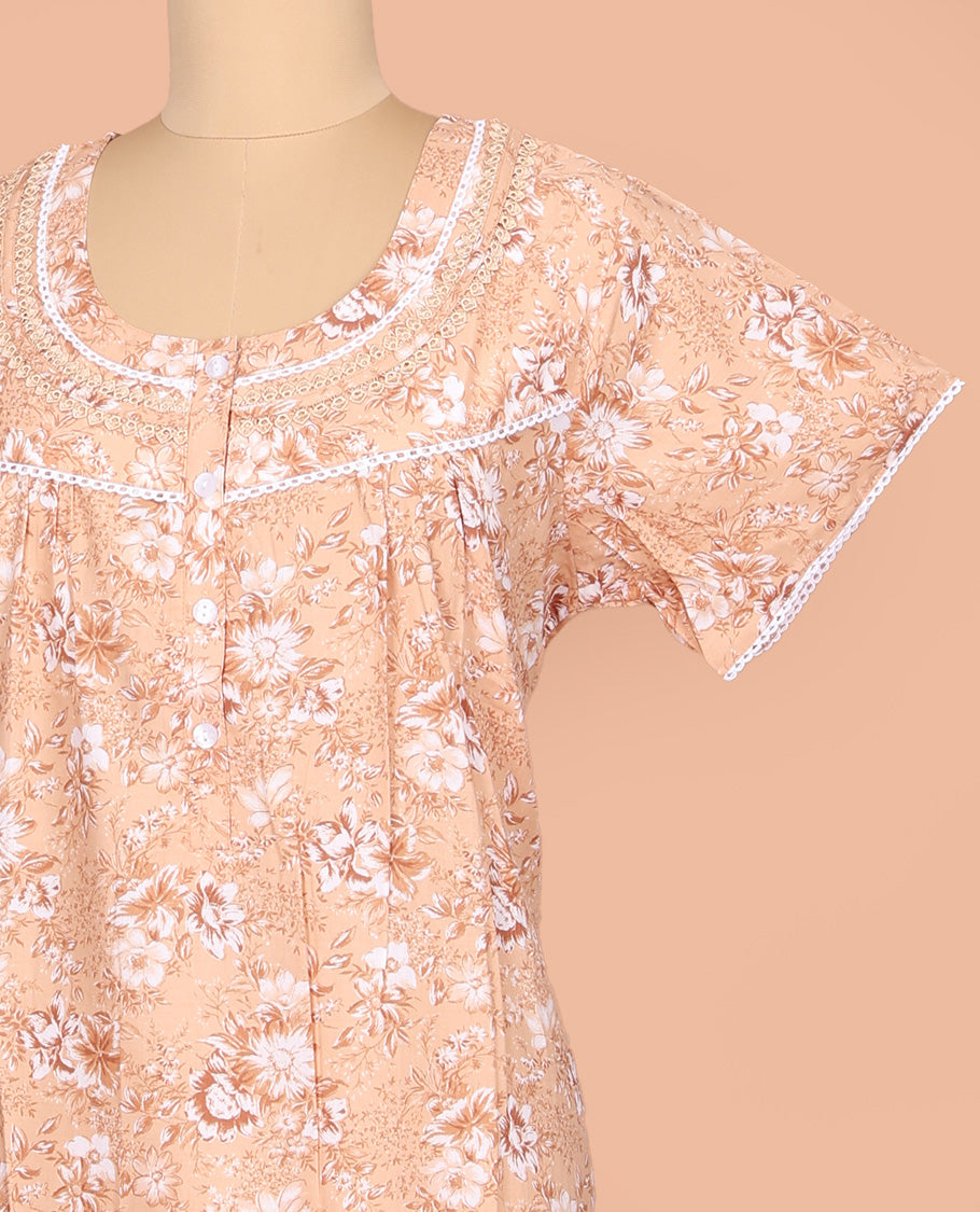 Light Orange Cotton Nighty Enthralled with Floral Print, Featuring Lace Work, Round Front Neck, and Half Sleeves
