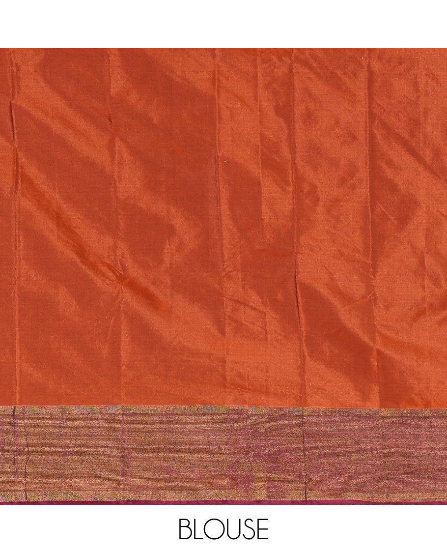 Rust orange semi-soft silk saree with dobby-style buttas and round buttas, contrast zari border, pallu adorned with big round buttas, and a matching blouse