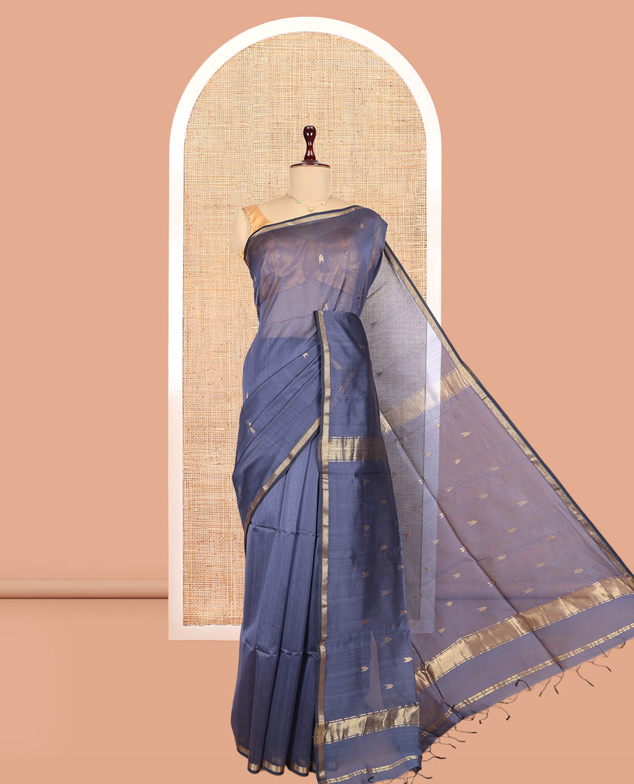 Blue Maheshwari Cotton Saree, Enthralled with Zari Buttas, a Zari Piping Border, Zari Buttas Pallu, and a Matching Blouse