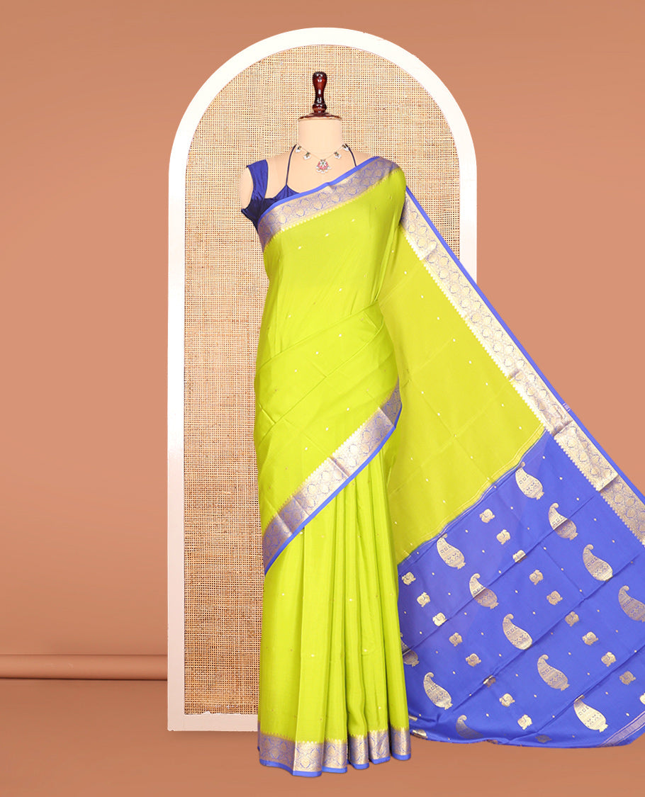 Green Zari Buttas Mysore Silk Saree, Complemented by a Contrast Traditional Zari Border, Zari Design Pallu, and a Contrast Blouse