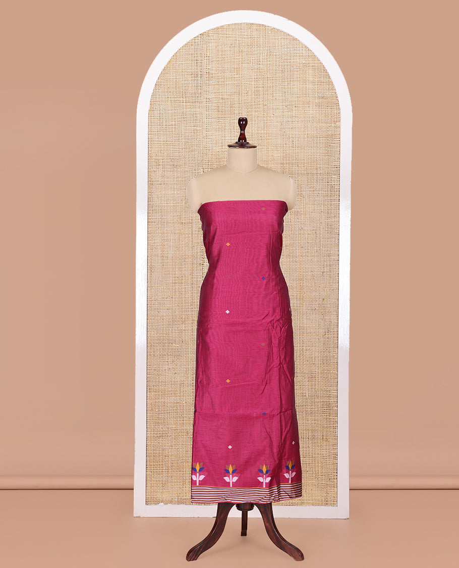 Rani Pink Mul Chanderi Material Churidar Features Jamdani-Style Meena Buttas Top, a Plain Bottom, and a Jamdani-Style Dupatta