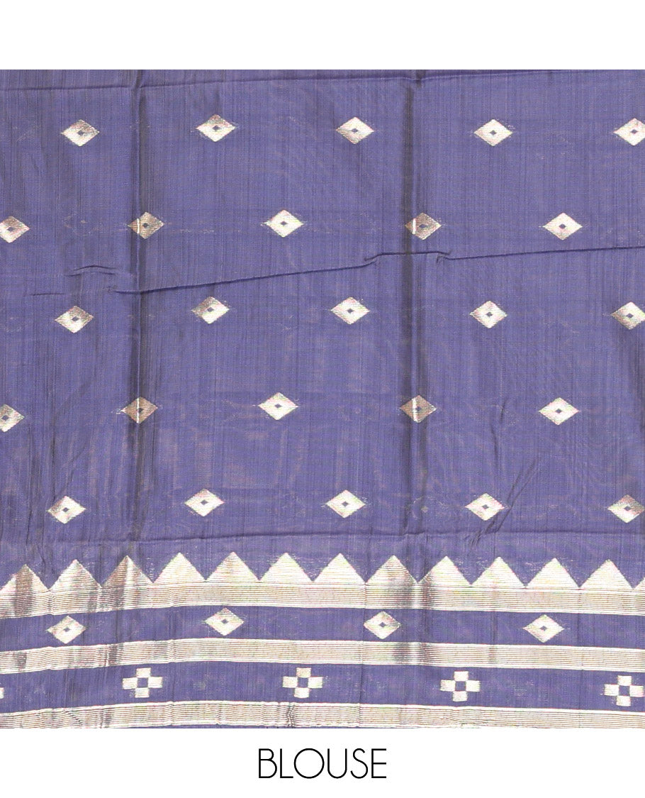 Green Jute Cotton Saree, Adorned with Diamond Meena Buttas All Over Its Body, Complemented by a Contrast Border, Pallu of Jamdhani-Style Floral Designs, and Paired with a Contrast Blouse