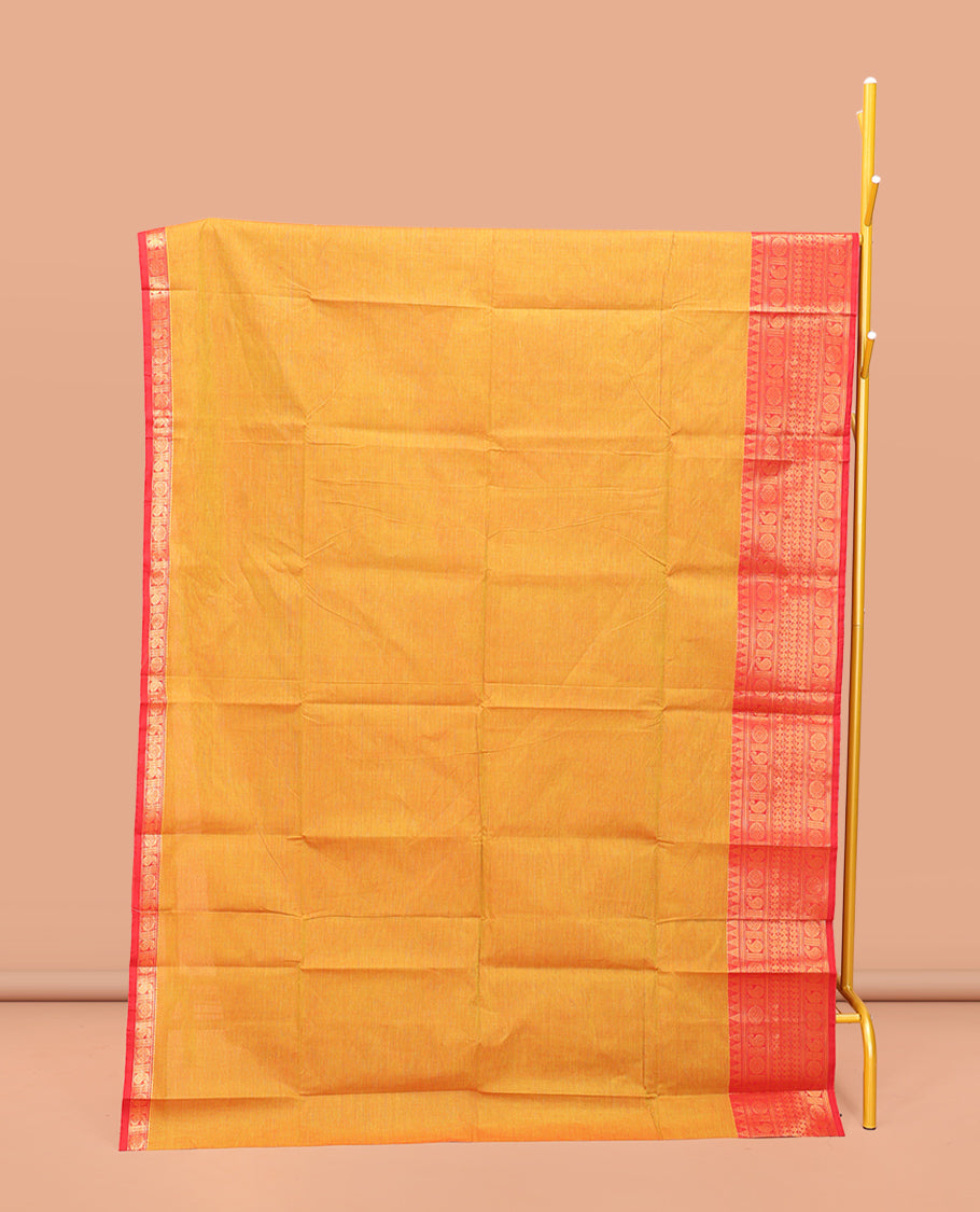 Yellow Plain Chettinad Cotton Saree, Complemented by a Contrast Traditional Zari Design Woven Temple Border, Pallu of Stripes, and Paired with a Matching Blouse