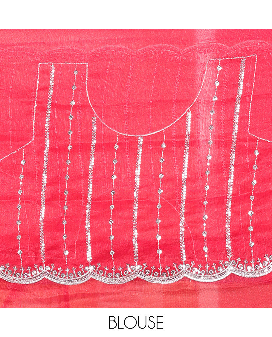 Rani Pink Fendy Chiffon Saree Highlighted with Sequins and Thread Stripes Embroidery, Scallop Embroidered Border, Elegantly Embroidered Pallu, and Paired with a Matching Blouse