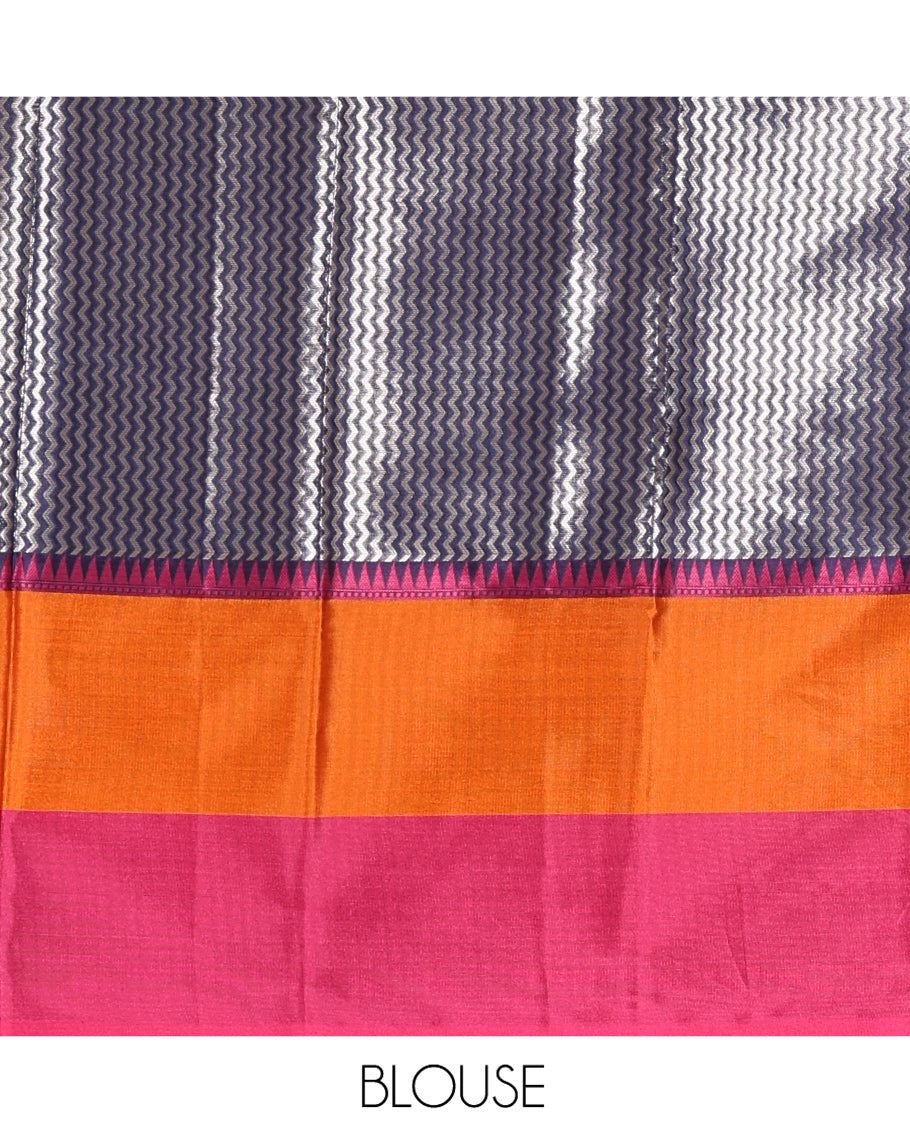 Blue Warm Silk Saree, Gracefully Embellished with Zari Buttas Enclosed Checks on Its Body, Complemented by a Contrast Border of Unique Designs, Pallu of Paisleys, and Paired with a Matching Blouse