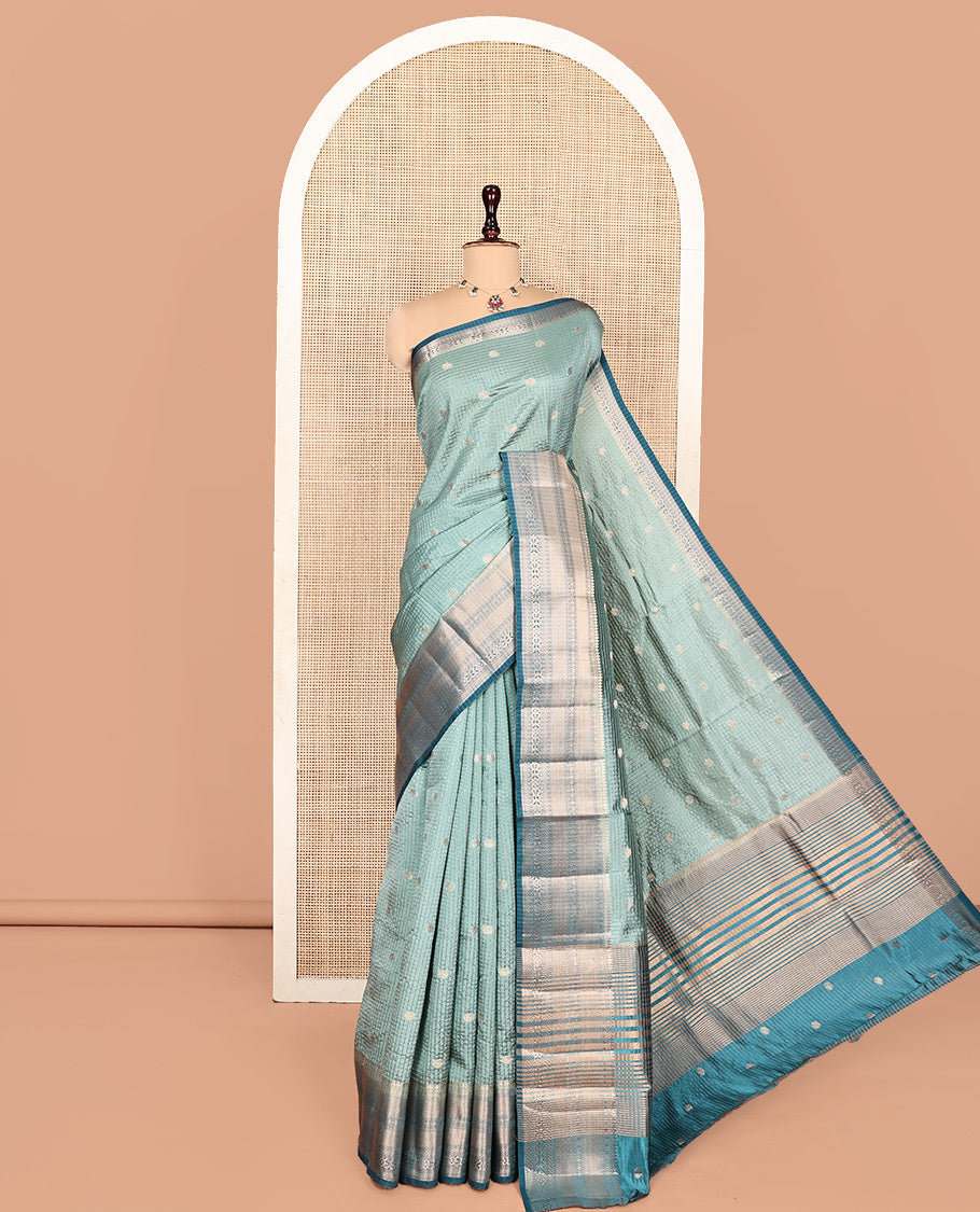 Blue Semi-Banarasi Dupion Saree, Gleamed Up with Zari Checks and Buttas, a Contrast Traditional Zari Design Border, Striped Pallu, and a Contrast Blouse