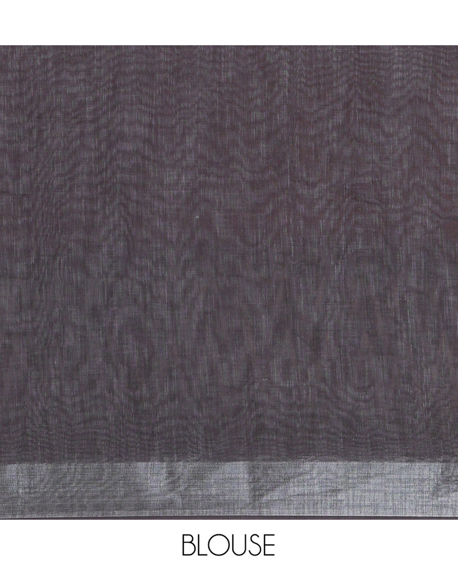 Maroon Plain Linen Cotton Saree, Complemented by a Contrast Ikkat-Style Chevron Striped Border, Chevron Design Pallu, and Paired with a Contrast Blouse