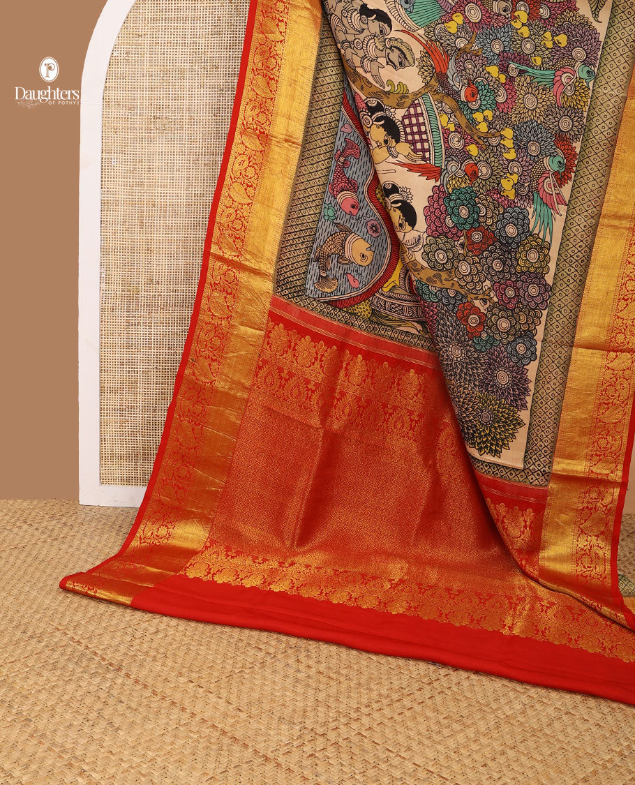 Cream human, floral design kalamari silk saree with contrast zari design border & jaal design pallu