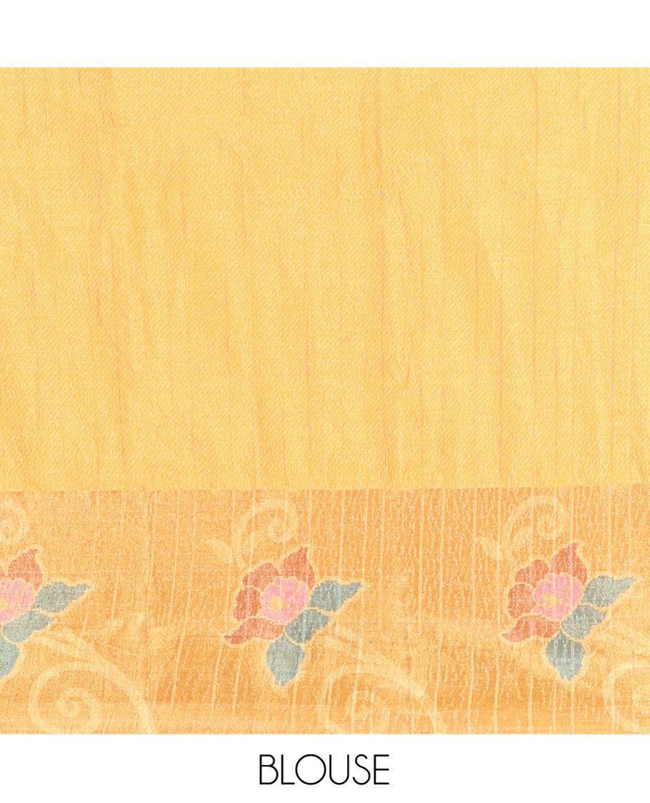 Cream Manipuri Silk Saree, Subtly Sparkled with Pochampally-Style Floral Design on Its Body, Complemented by a Contrast Border of Floral Design, Pallu of Floral Motifs, and Paired with a Contrast Blouse