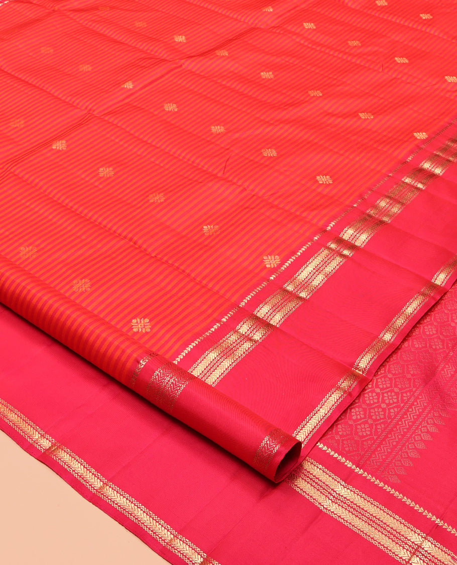 Red Kanchipuram Silk Saree, Subtly Woven with Stripes and Buttas, Highlighted by a Rettai Pettu Border of Ara Bogudi, and Kathir Designs, Ogee Pallu, and a Matching Blouse