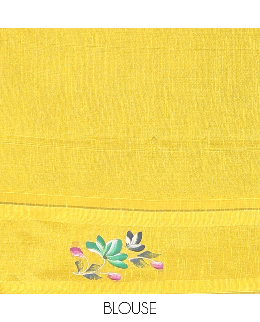 Green dobby buttas dupion saree, contrast hand-brushing-style floral creeper border, and plain pallu