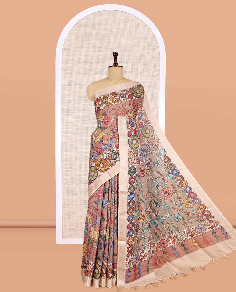 Brown Kalamkari Printed Fancy Tussar Saree