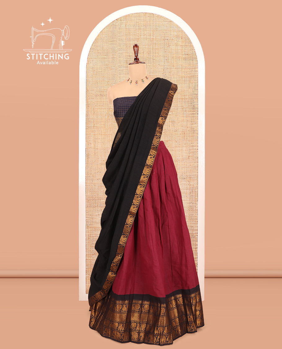 Maroon-Black Mercerised Cotton Half-Saree, Plain Skirt, Contrast Traditional Annam Border, Matching Blouse, Contrast Dhavani