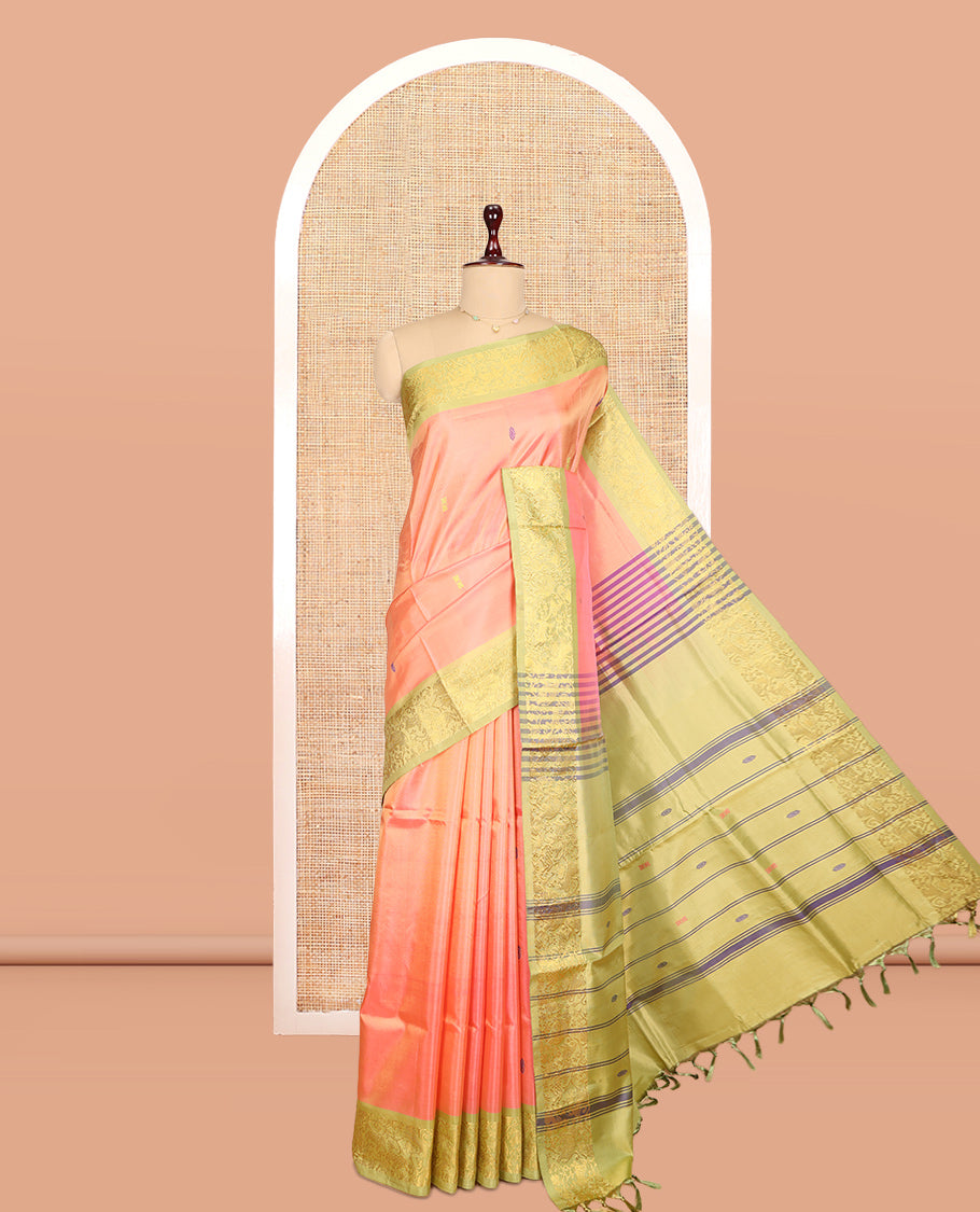 Peach Banana Pith Saree, Woven with Buttas, a Contrast Floral-Animal Zari Border, Pallu of Stripes and Buttas, and a Contrast Blouse