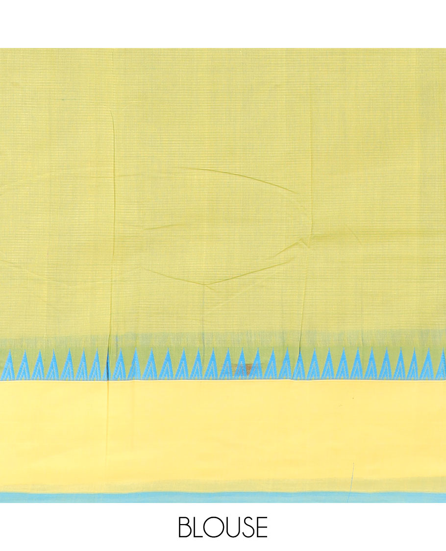Green khadi cotton saree with contrast temple border & striped pallu