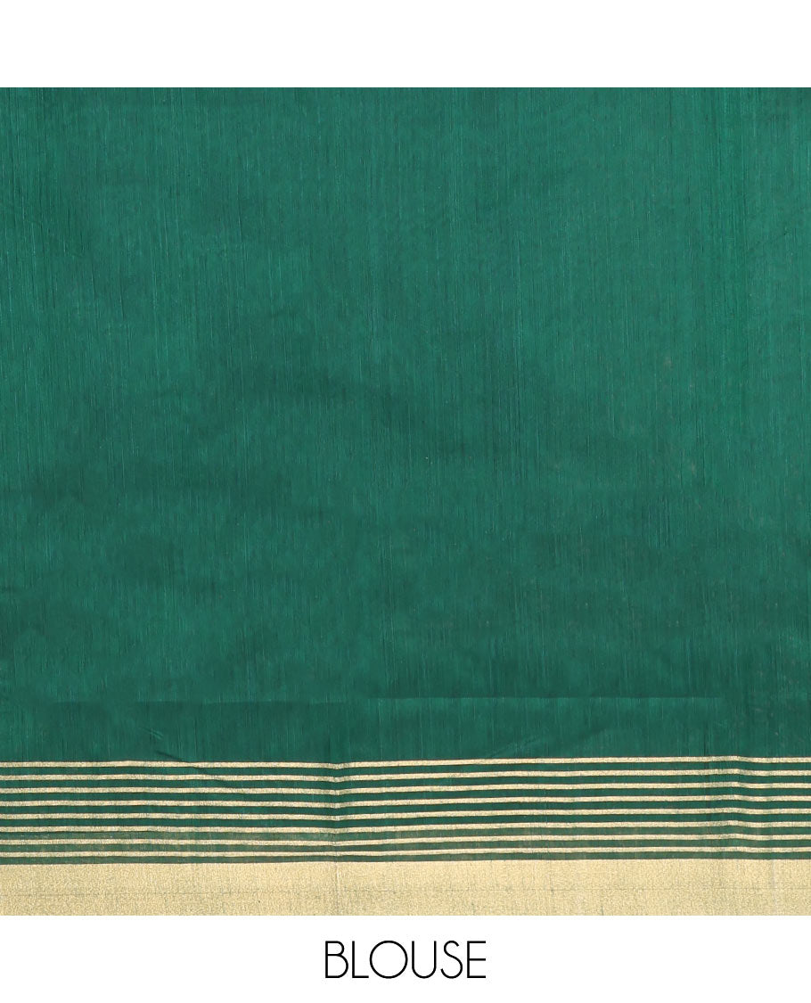 Green Chanderi Cotton Saree, Delicately Woven with Floral Buttas All Over Its Body, Highlighted by Zari Border, Pallu of Stripes, and Paired with a Matching Blouse