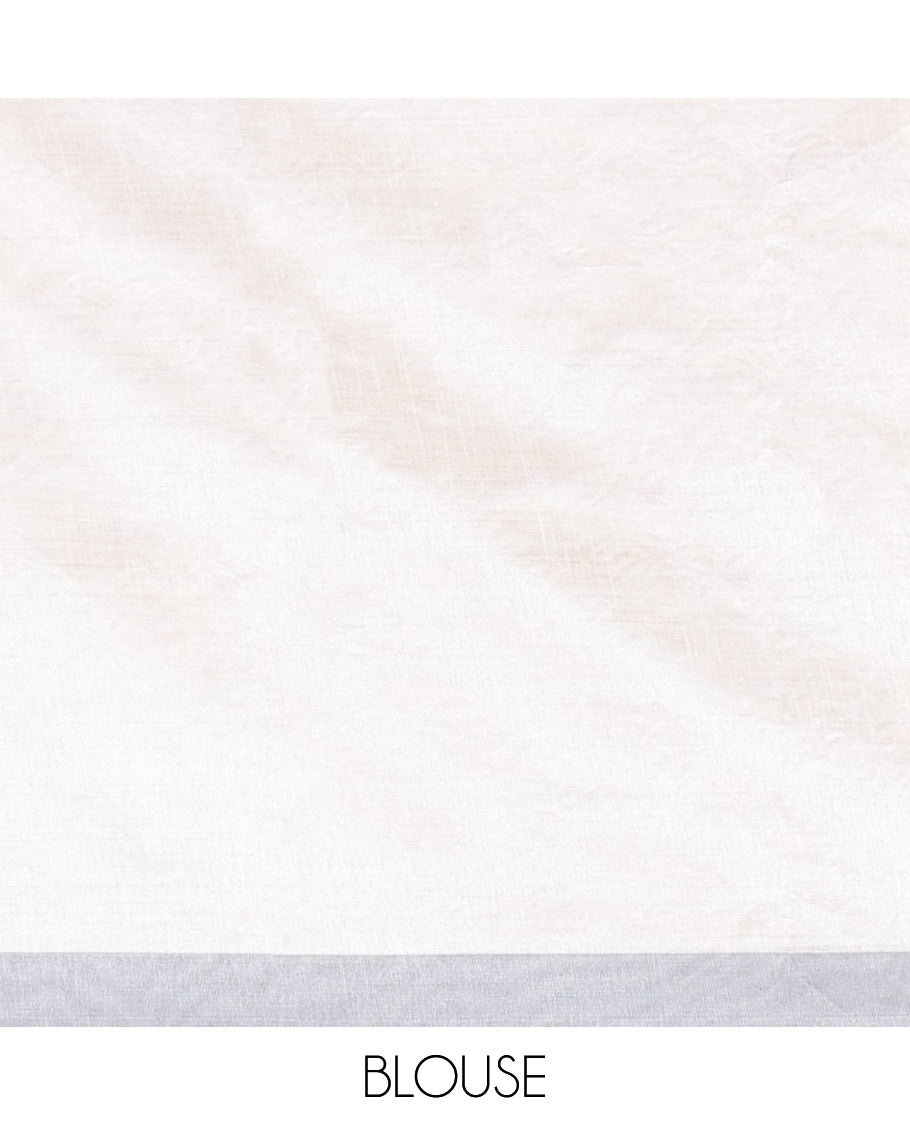 Cream floral thread embroidery semi-banaras tussar saree with contrast plain border & floral embroidered pallu