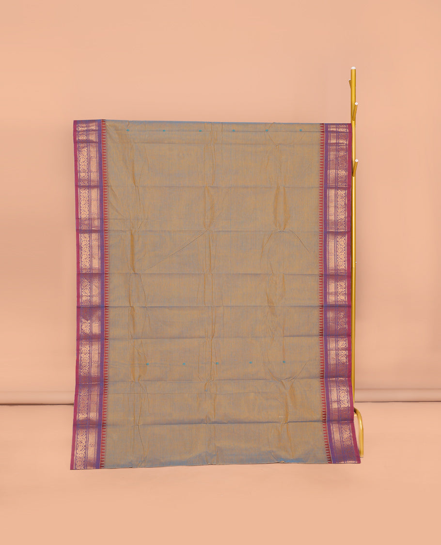 Grey Chettinad Cotton Saree, Sparsely Threaded with Thread Buttas All Over Its Body, Complemented by a Contrast Traditional Zari Design Woven Temple Border, Pallu of Stripes, and Paired with a Matching Blouse