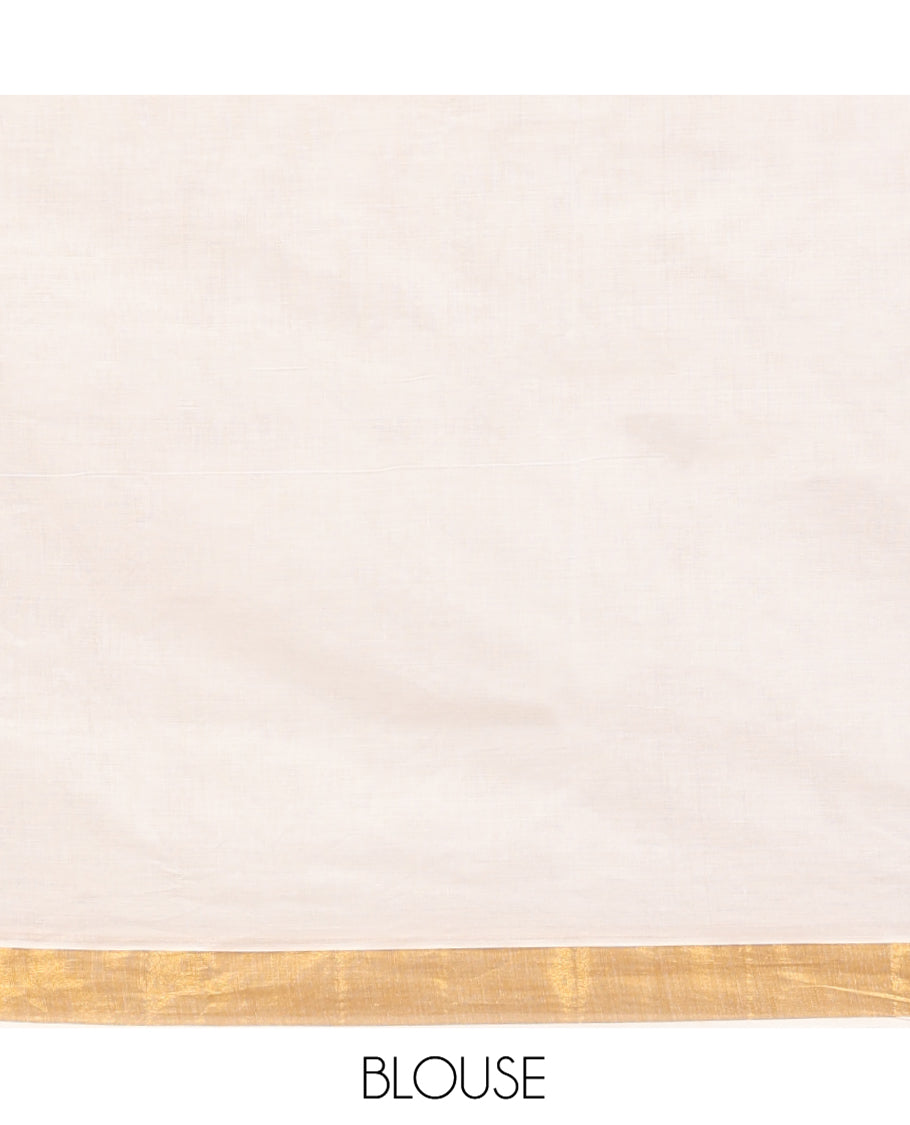 Cream Kerala Cotton Saree, Woven with Zari Stripes All Over Its Body, a Subtle Bavanji Border, Pallu Depicts Intricate Designs, and Paired with a Matching Blouse