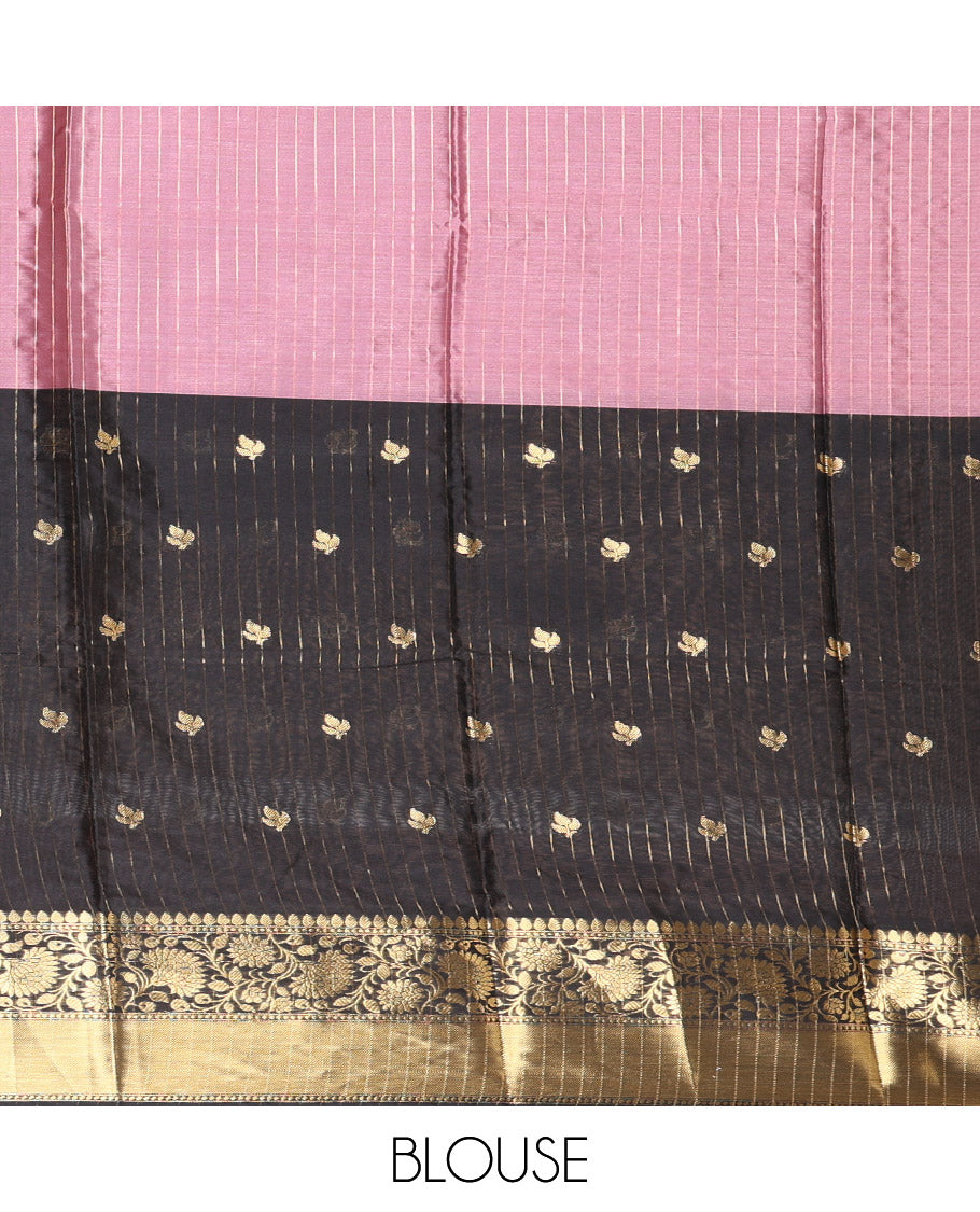 Pink and Black Banarasi Tissue Saree, Adorned with Half-And-Half-Style and Zari Buttas All Over Its Body, Complemented by a Contrast Traditional Zari Design Border, a Self-Pallu, and Paired with a Matching Blouse